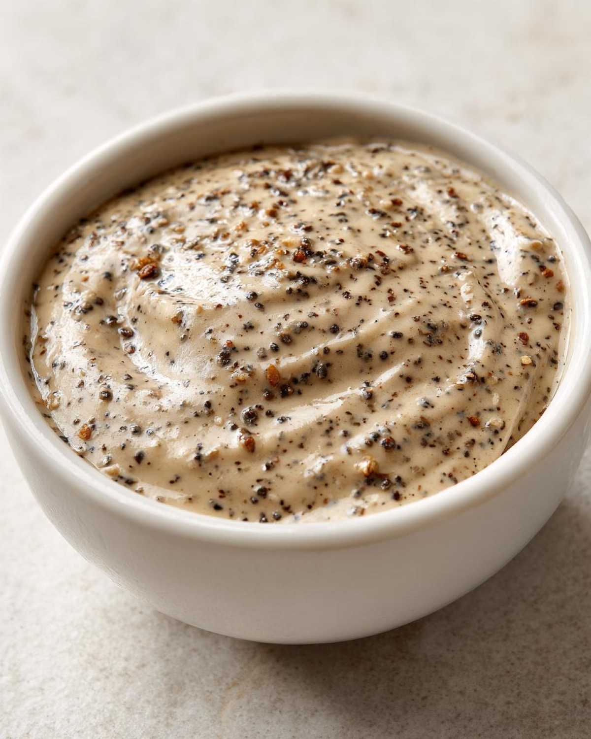 Close-up of rich, creamy peppercorn sauce generously topped with cracked black pepper in a white bowl.