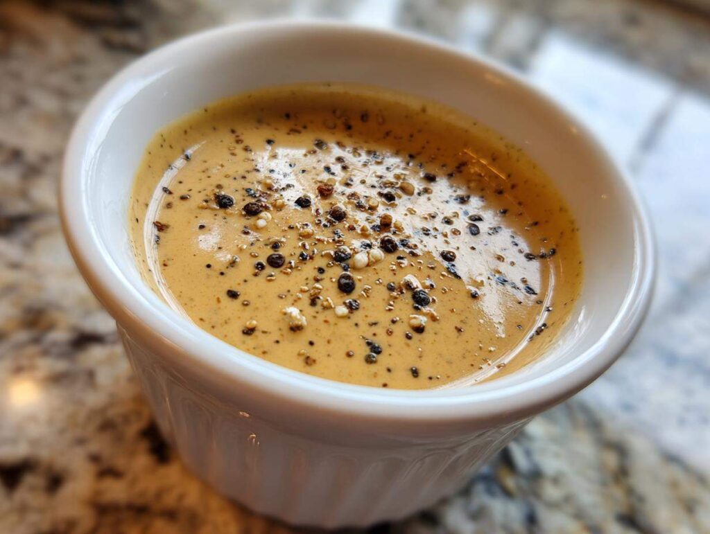 Close-up of rich, creamy peppercorn sauce topped with cracked black and white peppercorns in a white ramekin.