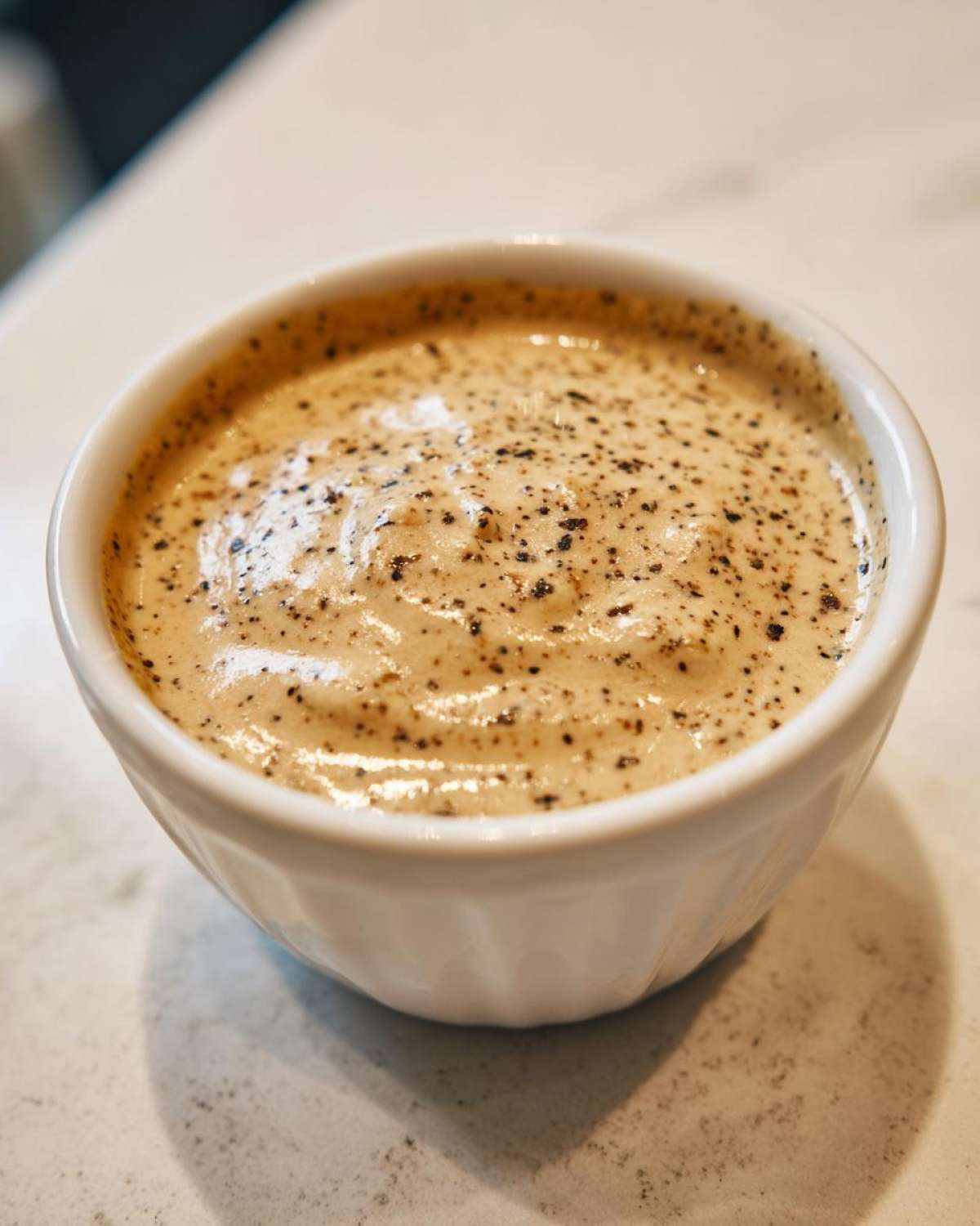 Close-up of creamy peppercorn sauce generously topped with cracked black pepper in a small white bowl.