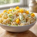 A close-up of creamy pickle pasta salad featuring rotini, diced pickles, and yellow pickle relish in a white bowl.