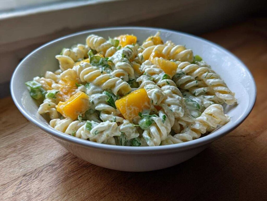A close-up of creamy pickle pasta salad made with rotini pasta, chopped pickles, and herbs in a white bowl.
