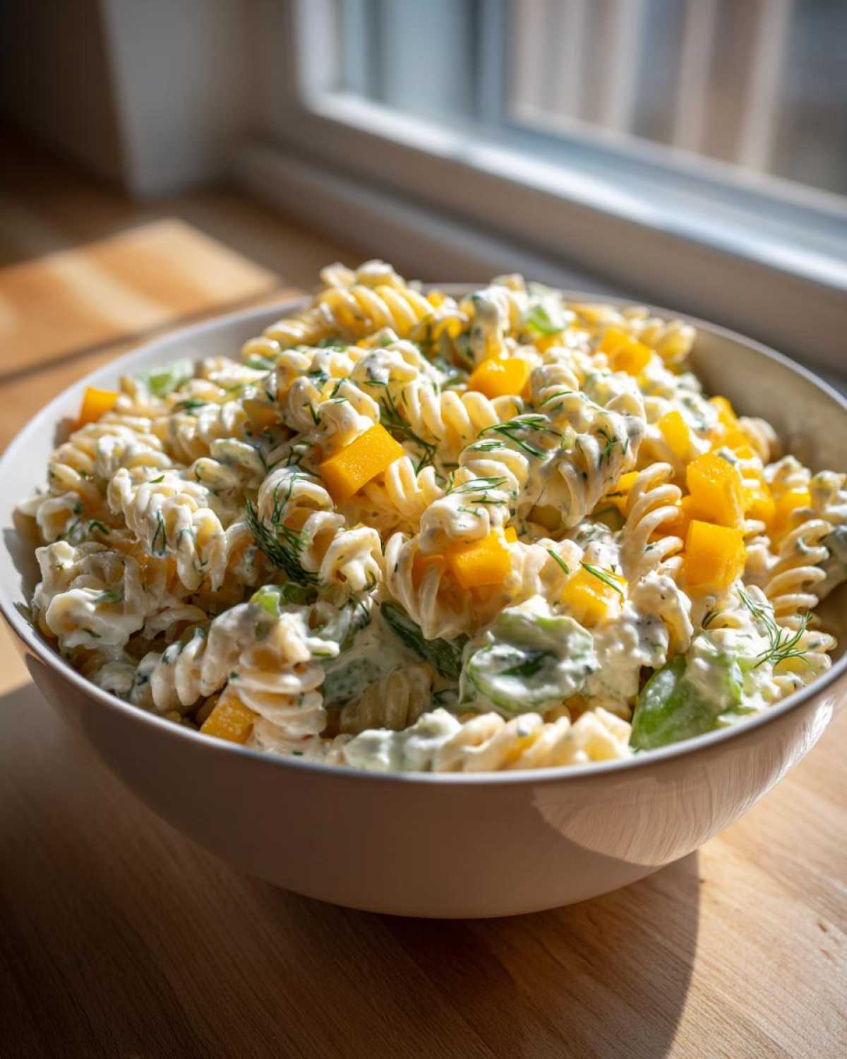 Close-up of creamy pickle pasta salad with rotini, yellow pickle chunks, and dill in a white bowl.