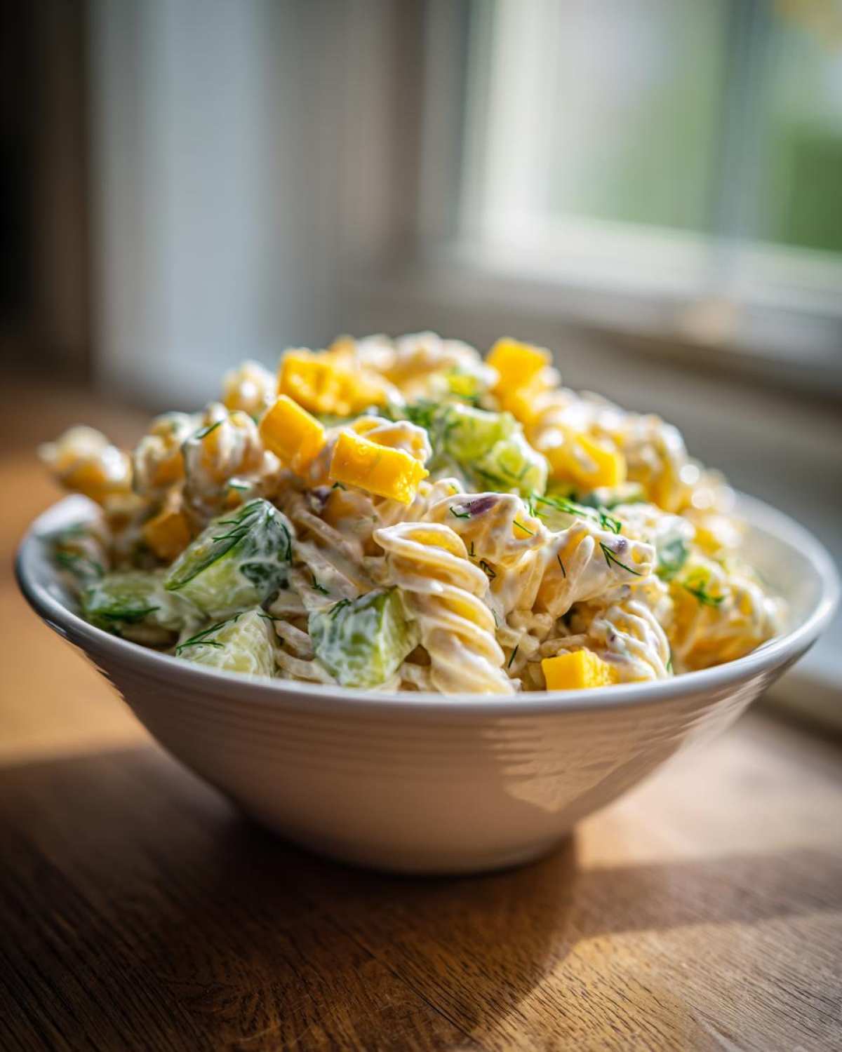 A creamy bowl of pickle pasta salad featuring fusilli, cucumbers, and yellow pickle chunks, garnished with dill.