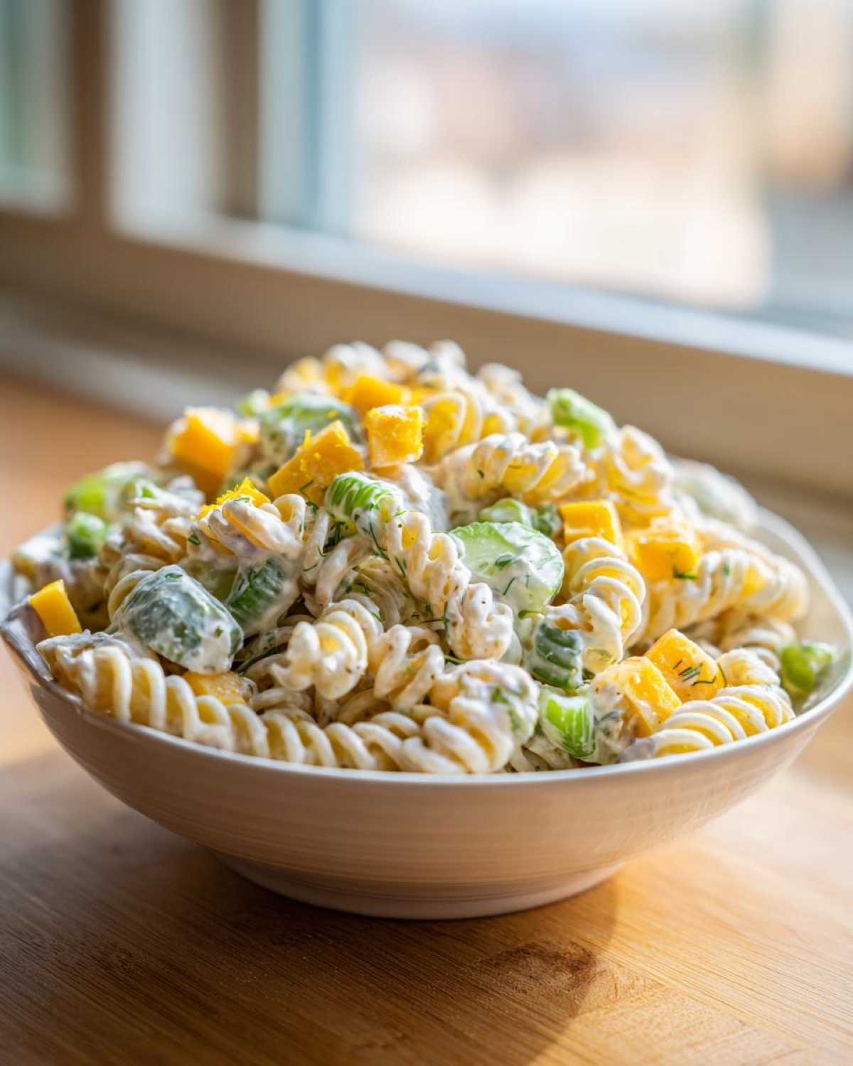 A close-up of creamy pickle pasta salad featuring rotini pasta, dill, and yellow/green chunks, served in a white bowl.