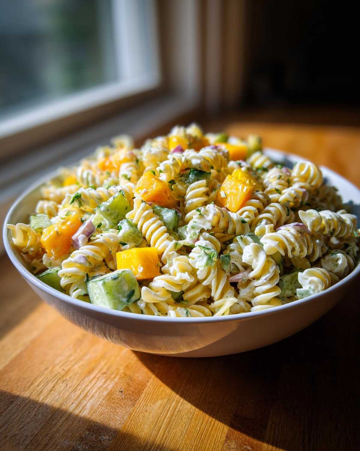 A close-up of creamy pickle pasta salad featuring rotini, chopped pickles, and yellow bell pepper chunks.