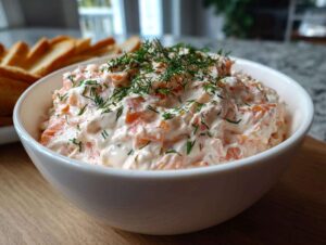 A close-up of creamy salmon dip mixed with chunks of salmon and topped generously with fresh dill, served in a white bowl.