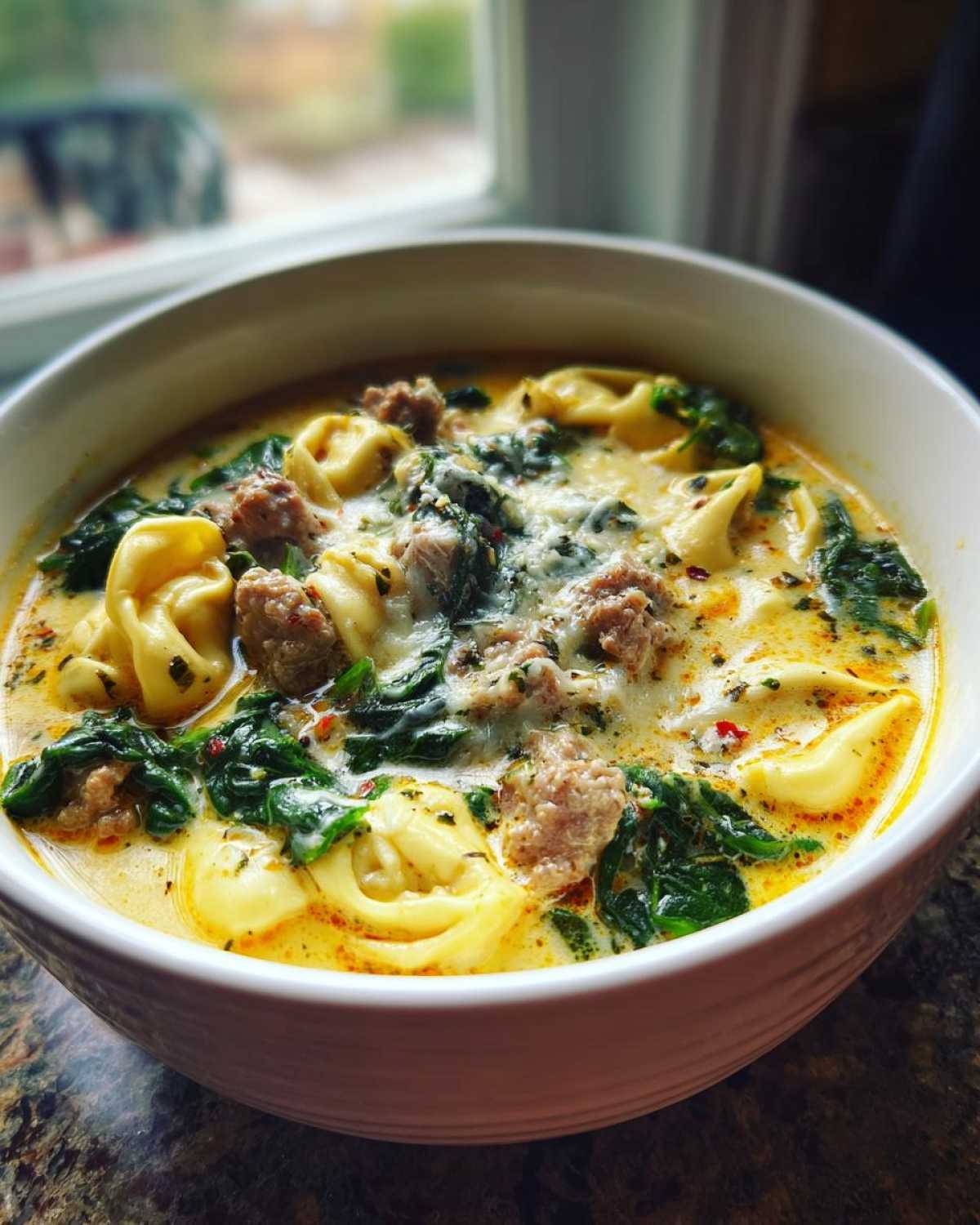 Close-up of a hearty bowl of creamy sausage tortellini soup with wilted spinach and herbs.