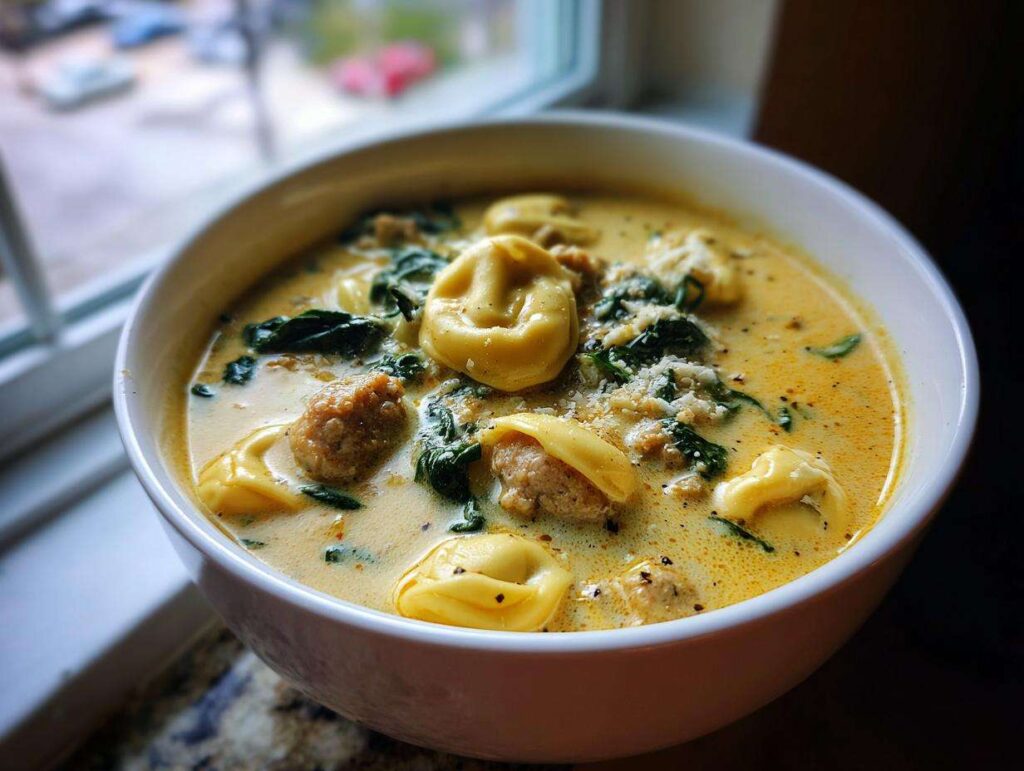 A close-up of a bowl of creamy sausage tortellini soup with spinach and grated cheese.