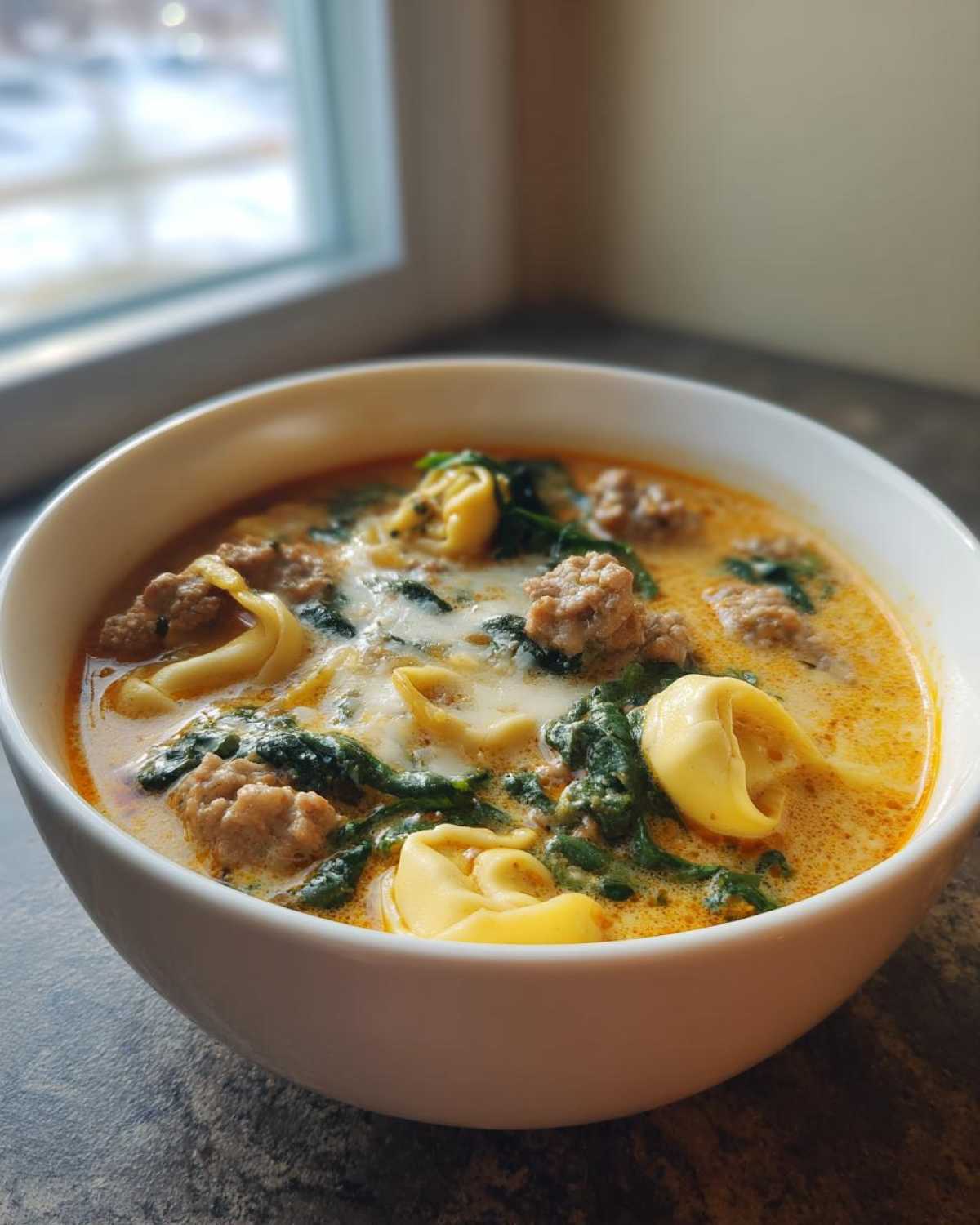 Close-up of a bowl of creamy sausage tortellini soup with spinach and visible tortellini pasta.