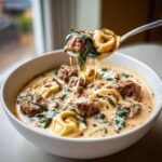 A spoonful of creamy sausage tortellini soup, showing melted cheese stretching between the tortellini and sausage pieces.
