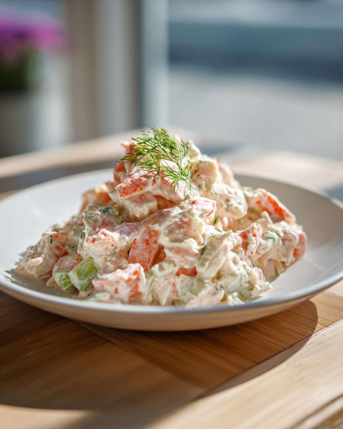 A serving of creamy seafood salad with visible chunks of seafood and celery, topped with fresh dill.