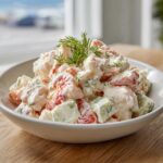 Close-up of a creamy seafood salad featuring chunks of seafood and cucumber, topped with fresh dill.