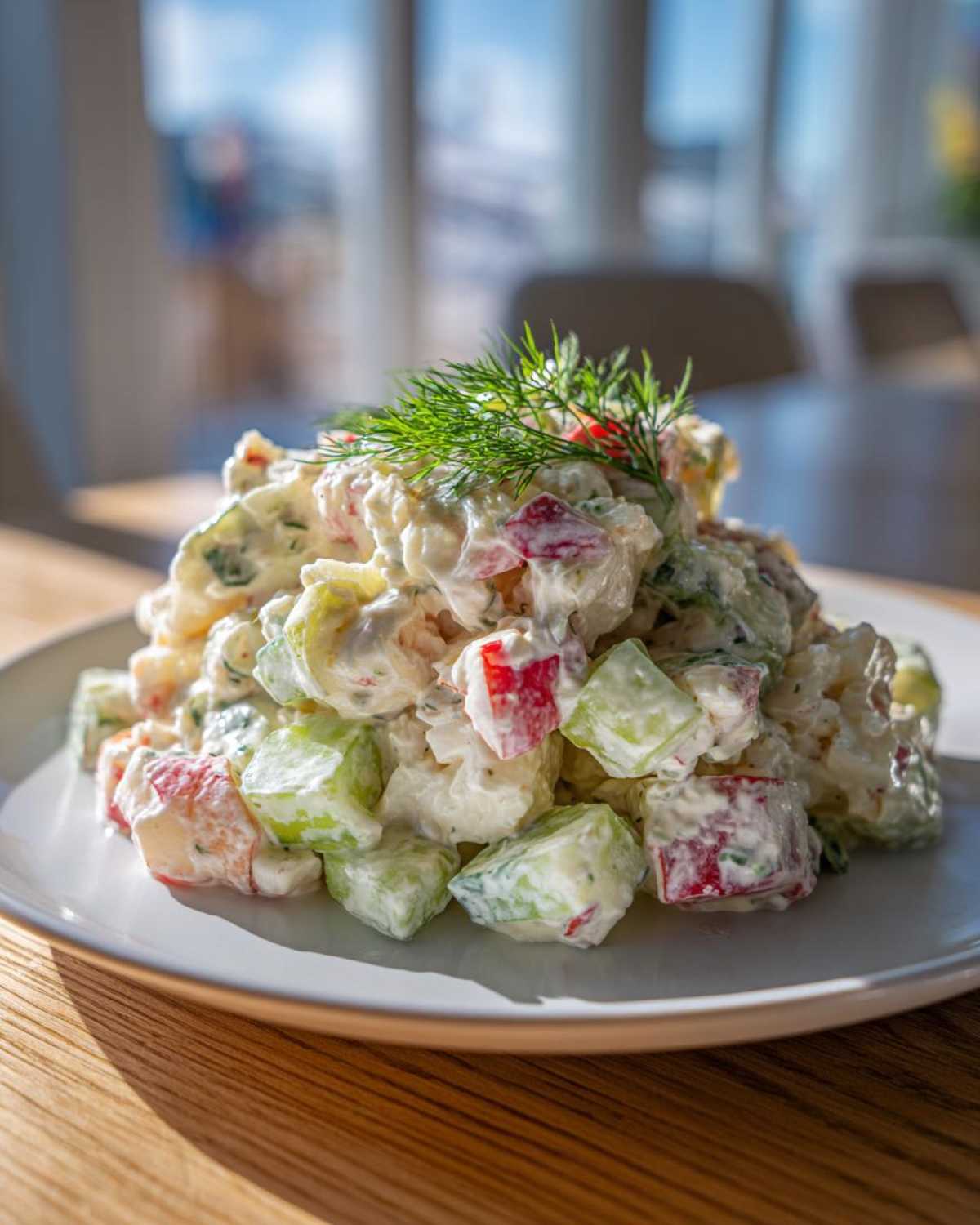 A generous mound of creamy seafood salad featuring chunks of seafood, celery, and red pepper, topped with fresh dill.