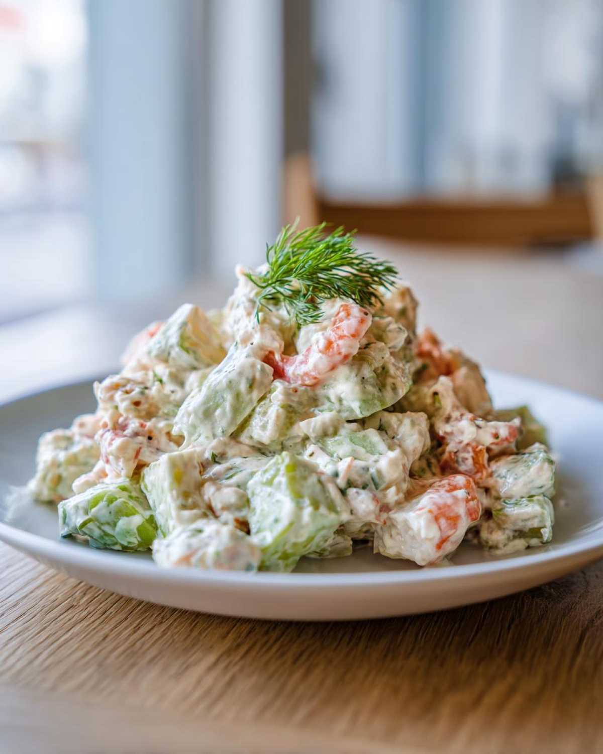 Close-up of a mound of creamy seafood salad featuring shrimp and green vegetables, topped with fresh dill.
