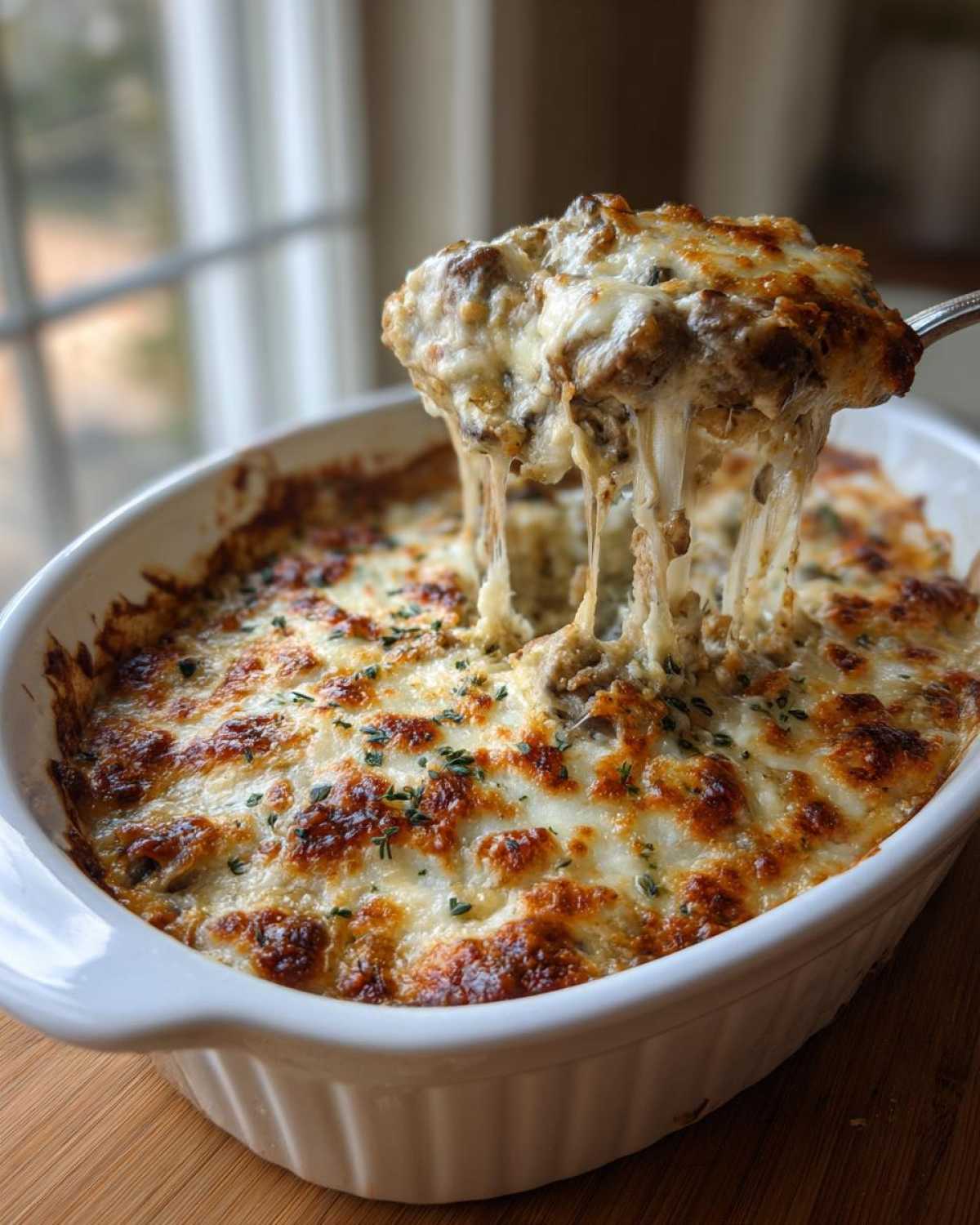 A spoonful of creamy, cheesy stuffed mushroom dip being lifted from a white baking dish, showing extreme cheese pull.