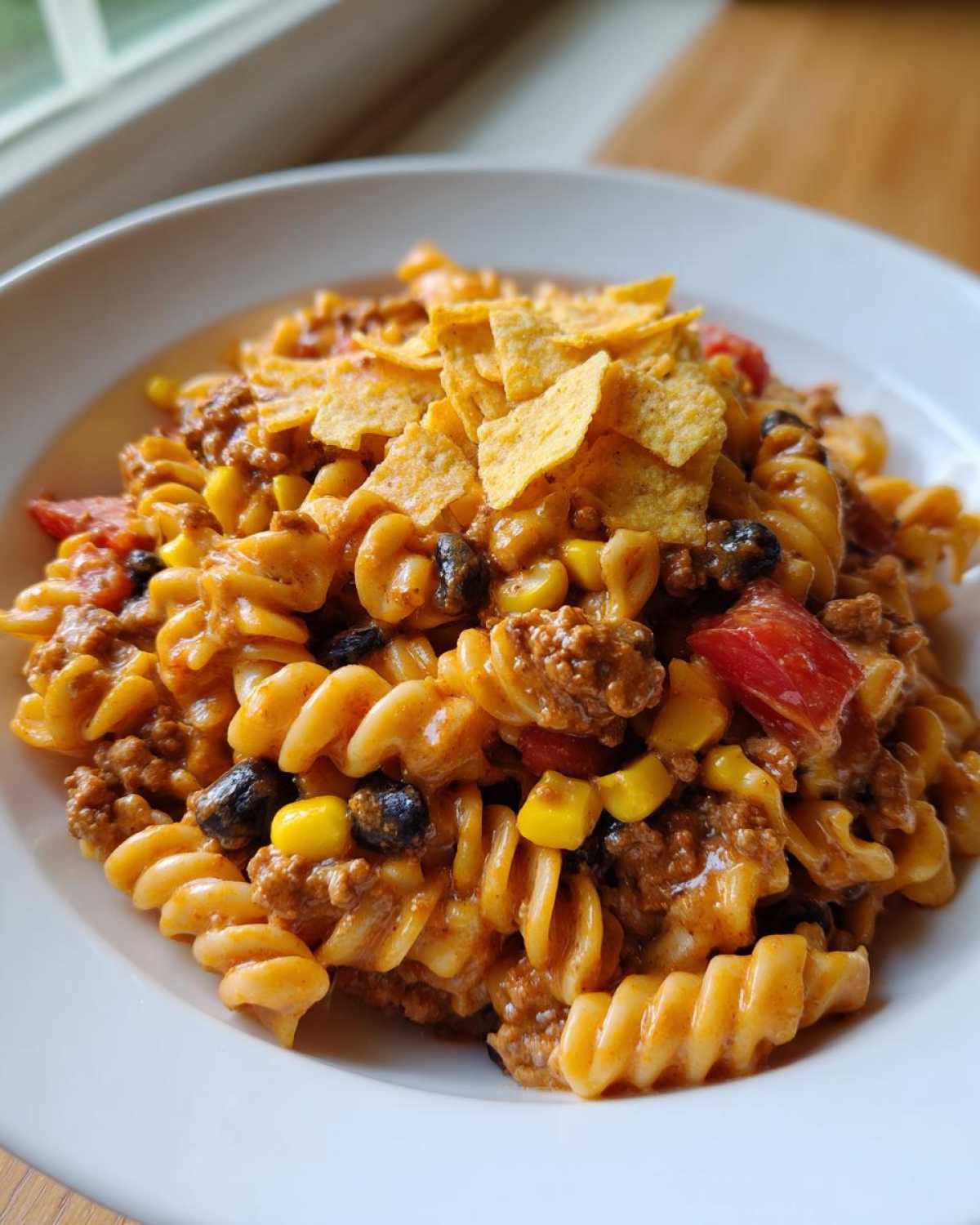 A close-up of a creamy taco pasta salad featuring rotini pasta, ground meat, corn, black beans, and topped with crushed tortilla chips.