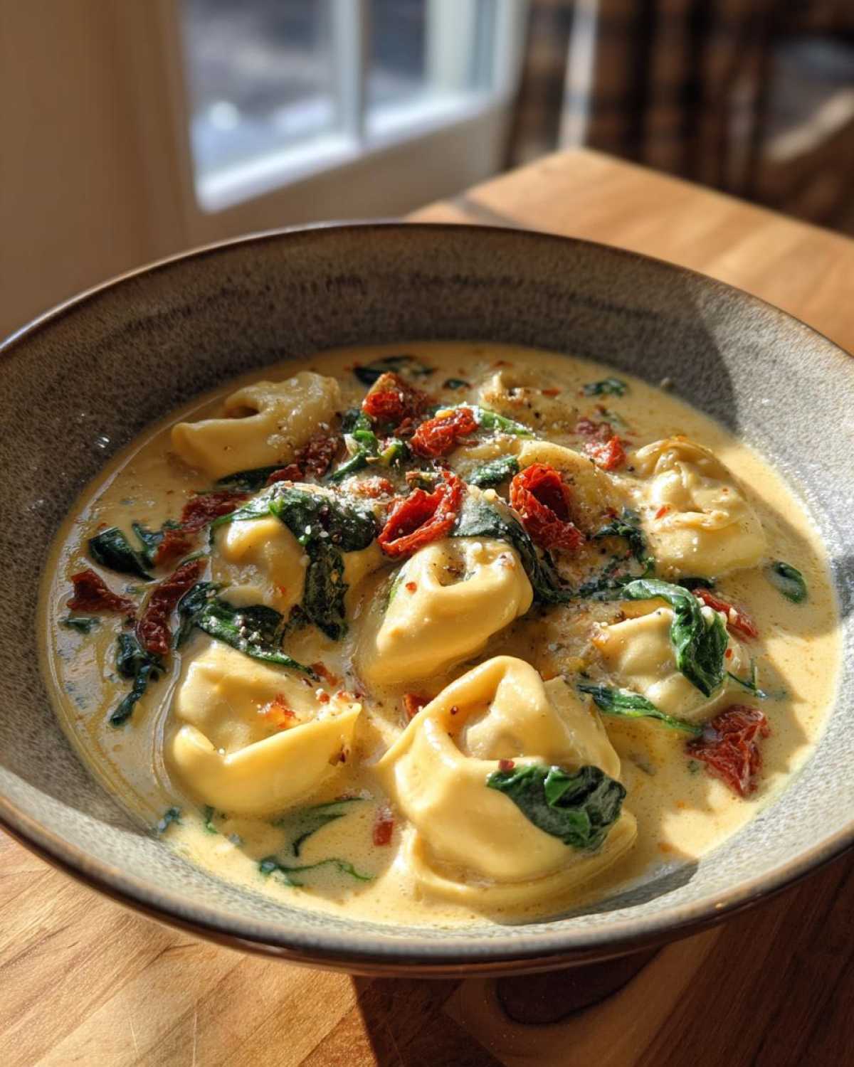 Close-up of a bowl of creamy tortellini soup featuring cheese tortellini, wilted spinach, and sun-dried tomatoes.