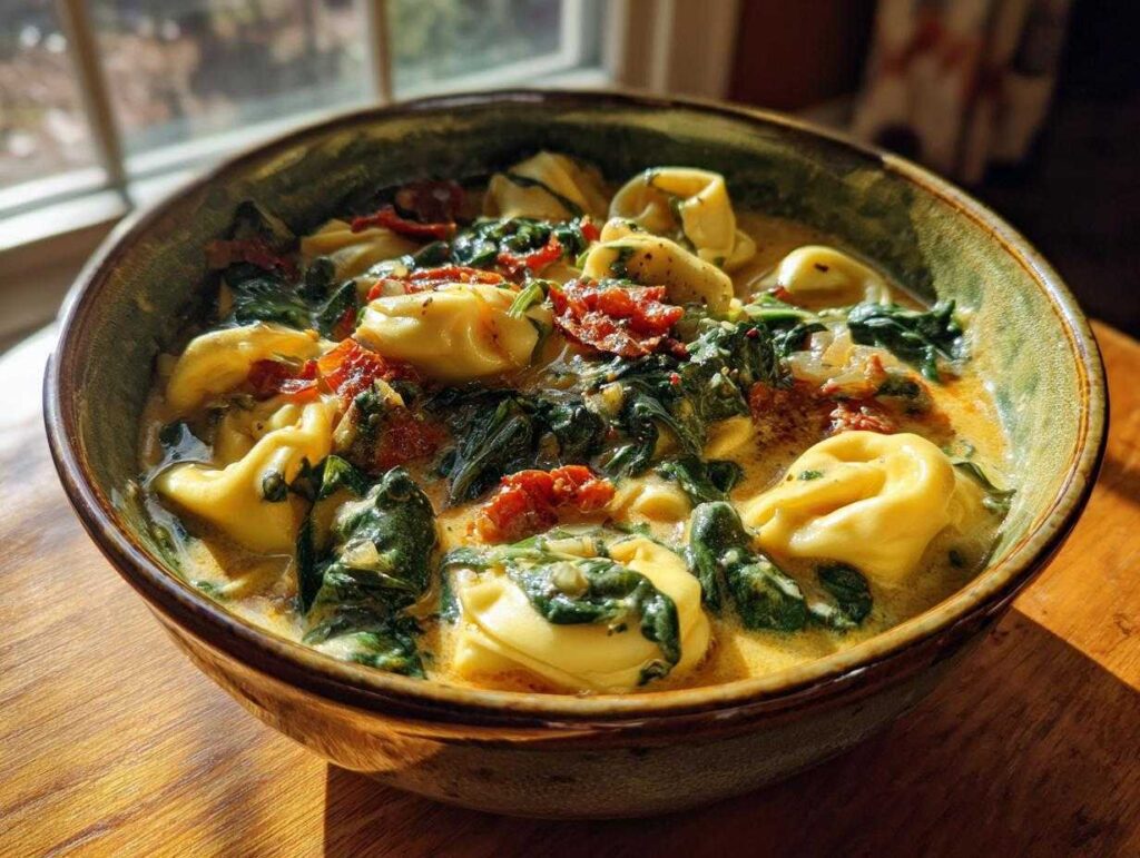 Close-up of a bowl of creamy tortellini soup filled with cheese tortellini, wilted spinach, and sun-dried tomatoes.