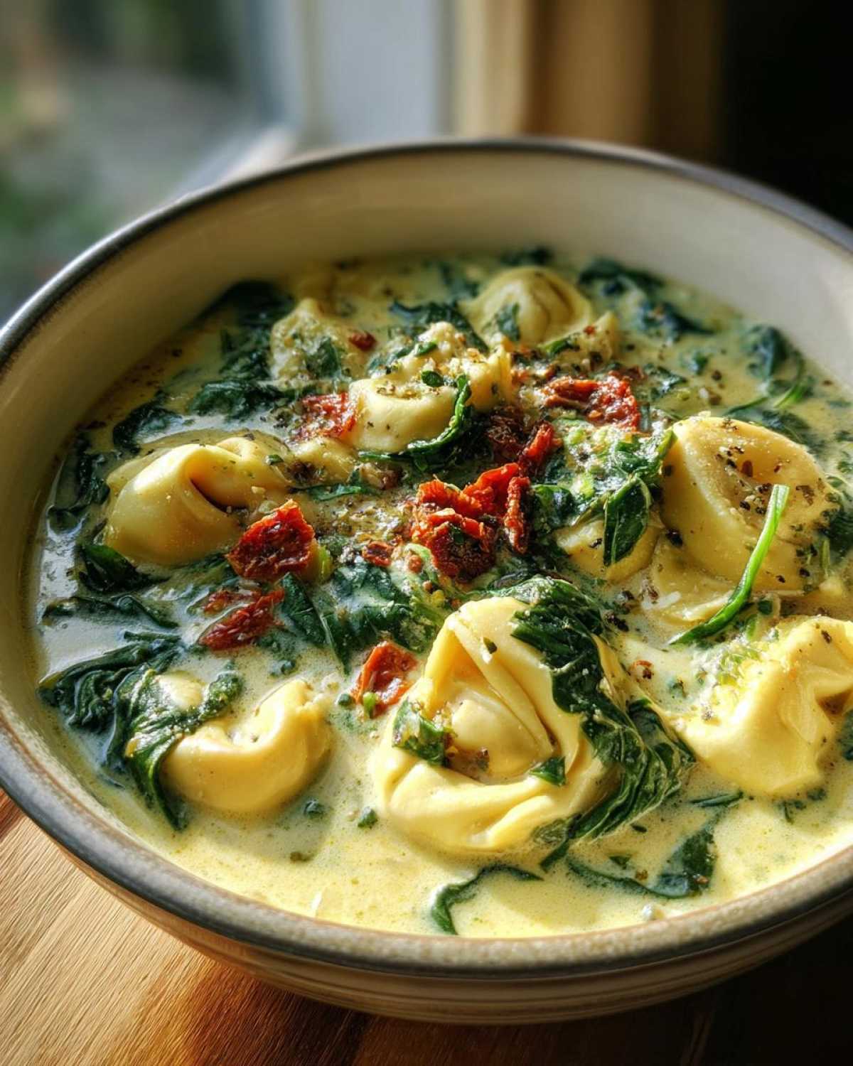 Close-up of a bowl of creamy tortellini soup featuring spinach and sun-dried tomatoes.