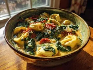 Close-up of a bowl of creamy tortellini soup filled with cheese tortellini, wilted spinach, and sun-dried tomatoes.