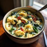 Close-up of a bowl of creamy tortellini soup filled with cheese tortellini, wilted spinach, and sun-dried tomatoes.