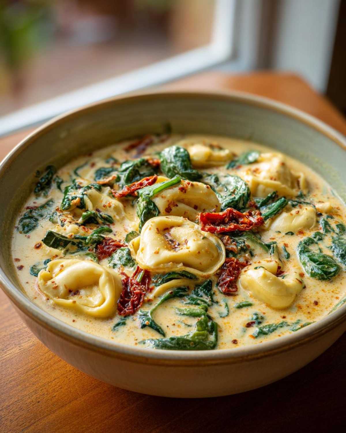 Close-up of a bowl of creamy tortellini soup featuring cheese tortellini, wilted spinach, and sun-dried tomatoes.