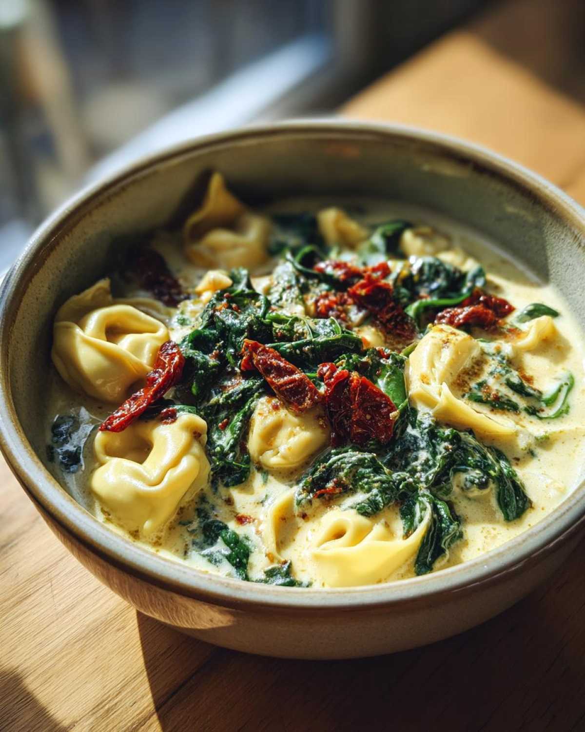 Close-up of a bowl of creamy tortellini soup featuring cheese tortellini, wilted spinach, and sun-dried tomatoes.