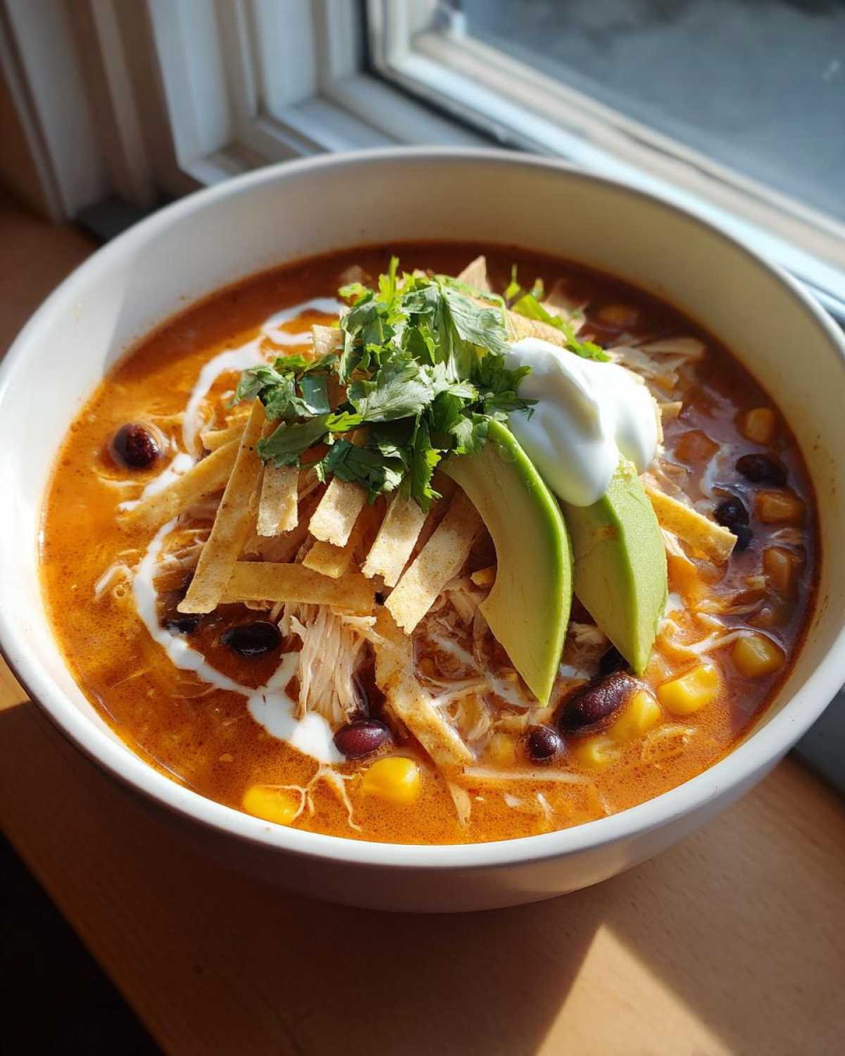 A close-up of a bowl of creamy tortilla soup topped with shredded chicken, avocado, sour cream, and crispy tortilla strips.