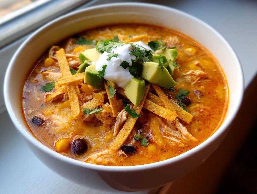 A close-up of a bowl of creamy tortilla soup, loaded with chicken, black beans, and topped with avocado, sour cream, and crispy tortilla strips.