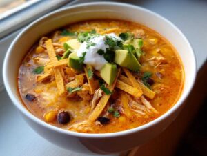 A close-up of a bowl of creamy tortilla soup, loaded with chicken, black beans, and topped with avocado, sour cream, and crispy tortilla strips.