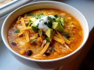 A close-up of a bowl of creamy tortilla soup, loaded with chicken, black beans, and topped with avocado, sour cream, and crispy tortilla strips.