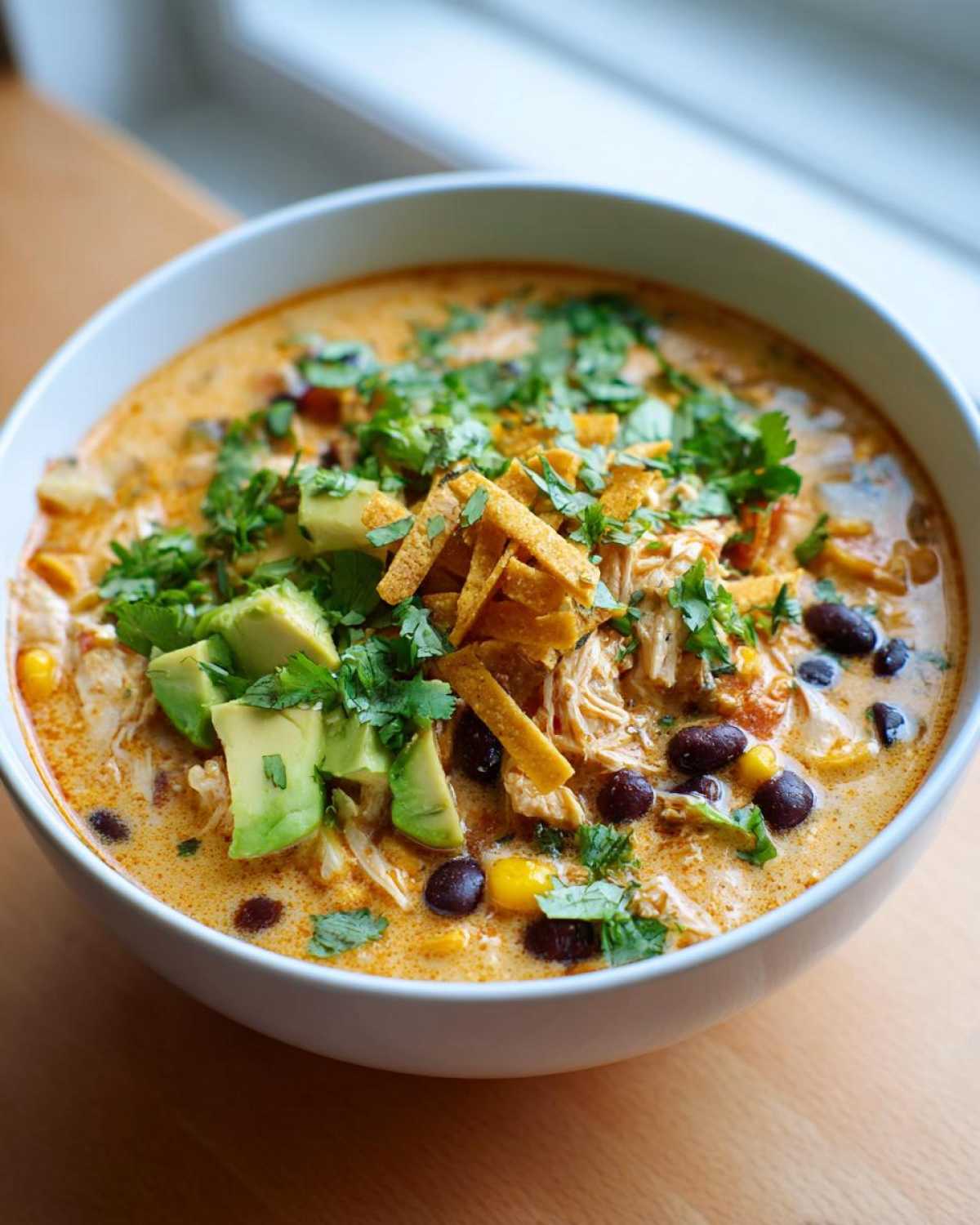 A close-up of a creamy chicken tortilla soup recipe bowl topped with avocado, black beans, cilantro, and tortilla strips.