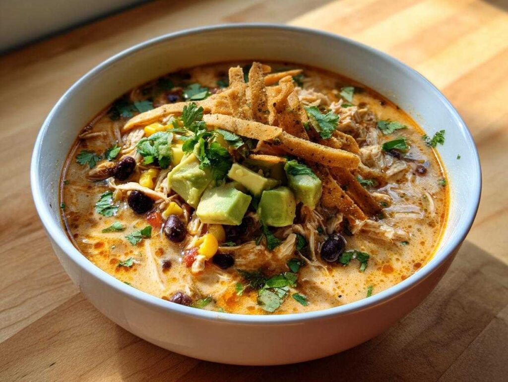 A close-up of a creamy chicken tortilla soup recipe, topped with avocado, black beans, and crispy tortilla strips.