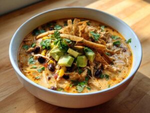 A close-up of a creamy chicken tortilla soup recipe, topped with avocado, black beans, and crispy tortilla strips.