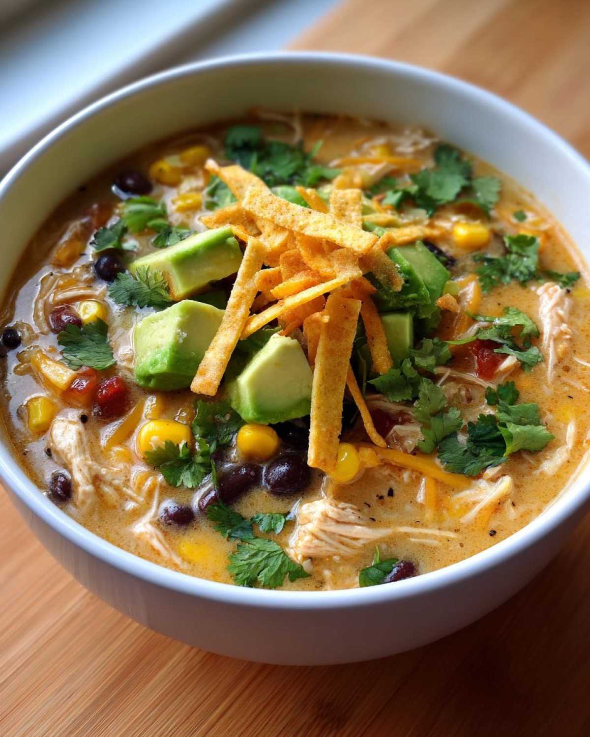 A close-up bowl of creamy chicken tortilla soup recipe topped with avocado, black beans, corn, and crispy tortilla strips.