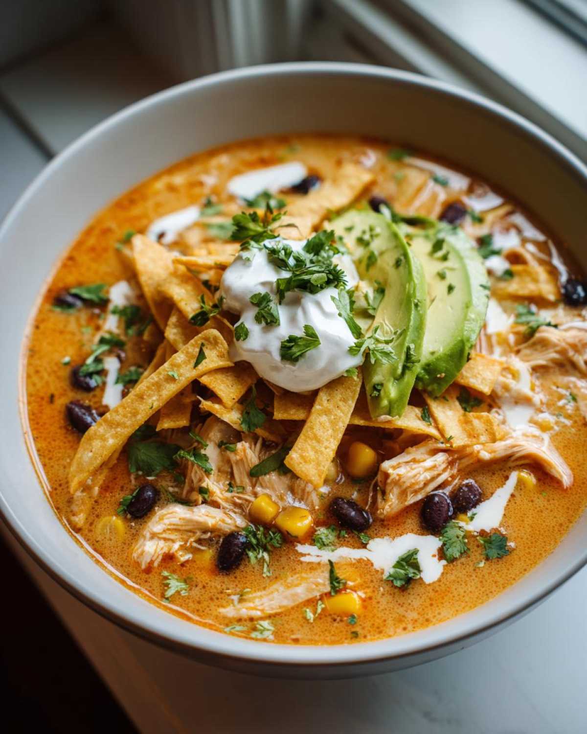 Close-up of creamy tortilla soup featuring shredded chicken, black beans, corn, tortilla strips, avocado, and sour cream.