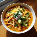 A vibrant bowl of creamy tortilla soup with shredded chicken, black beans, corn, topped with avocado slices, tortilla strips, and sour cream.
