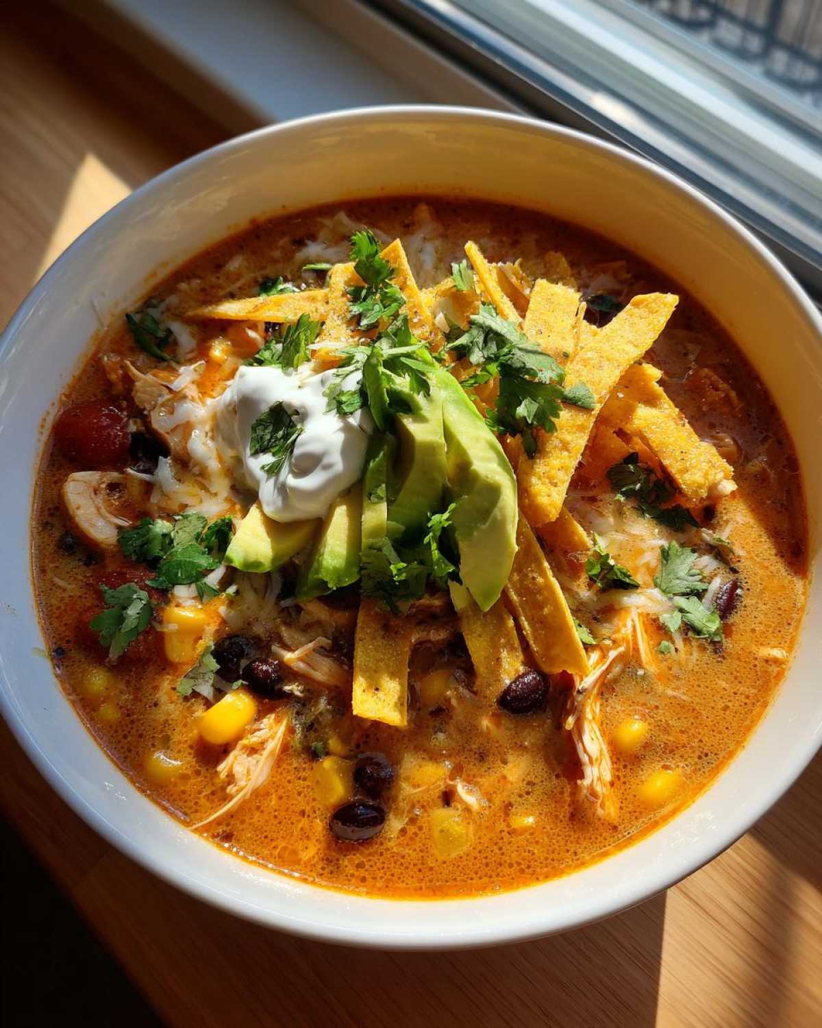 A close-up of creamy tortilla soup topped with shredded chicken, black beans, corn, tortilla strips, avocado, and sour cream.