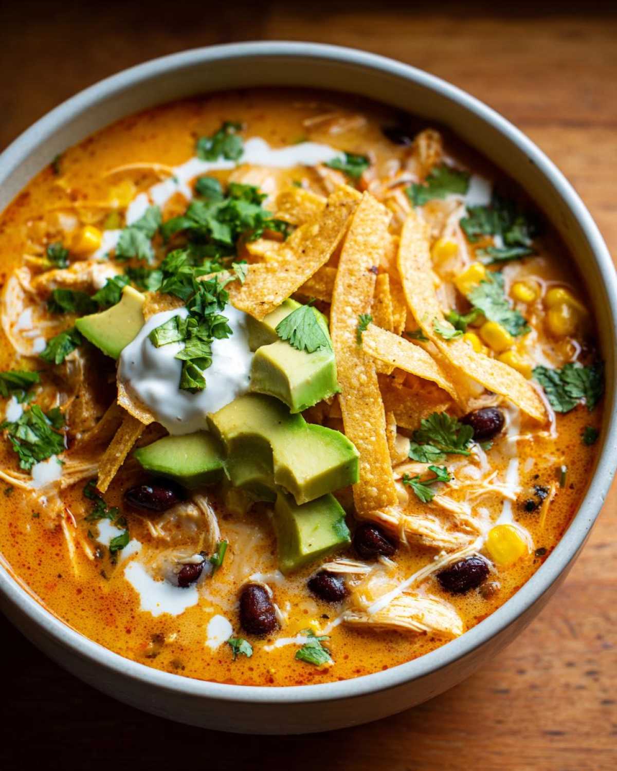 Close-up of a bowl of creamy tortilla soup topped with avocado, sour cream, cilantro, and crispy tortilla strips.