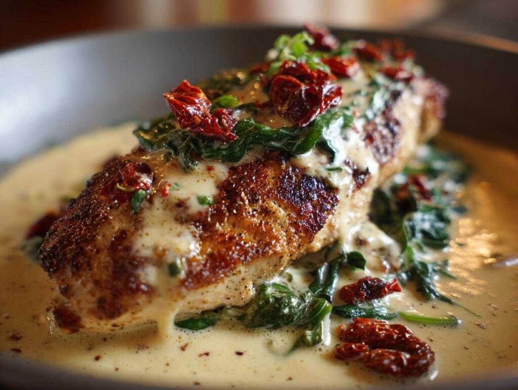 Close-up of a seared chicken breast smothered in creamy sauce with spinach and sun-dried tomatoes, featuring creamy Tuscan chicken.