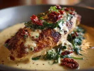 Close-up of a seared chicken breast smothered in creamy sauce with spinach and sun-dried tomatoes, featuring creamy Tuscan chicken.