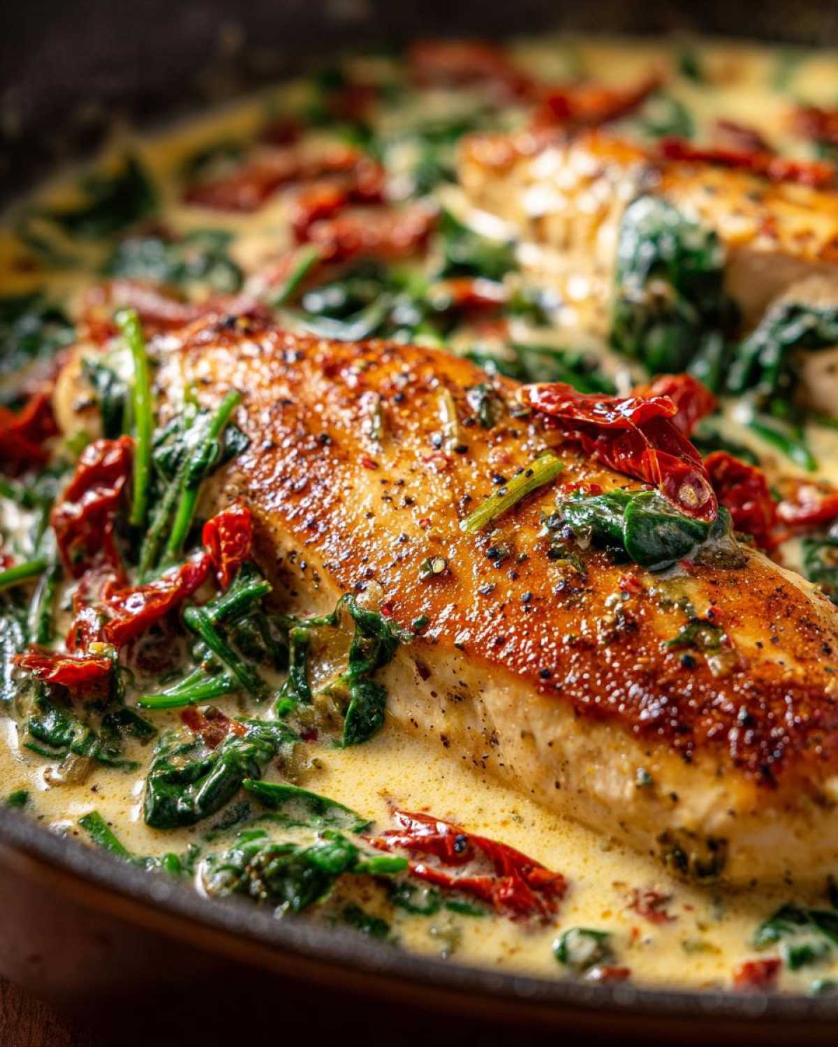 Close-up of a perfectly seared chicken breast submerged in a rich, creamy Tuscan sauce with spinach and sun-dried tomatoes for creamy Tuscan chicken.