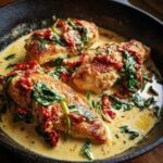 Three golden-brown chicken breasts swimming in a rich, creamy sauce with spinach and sun-dried tomatoes, making creamy tuscan chicken.