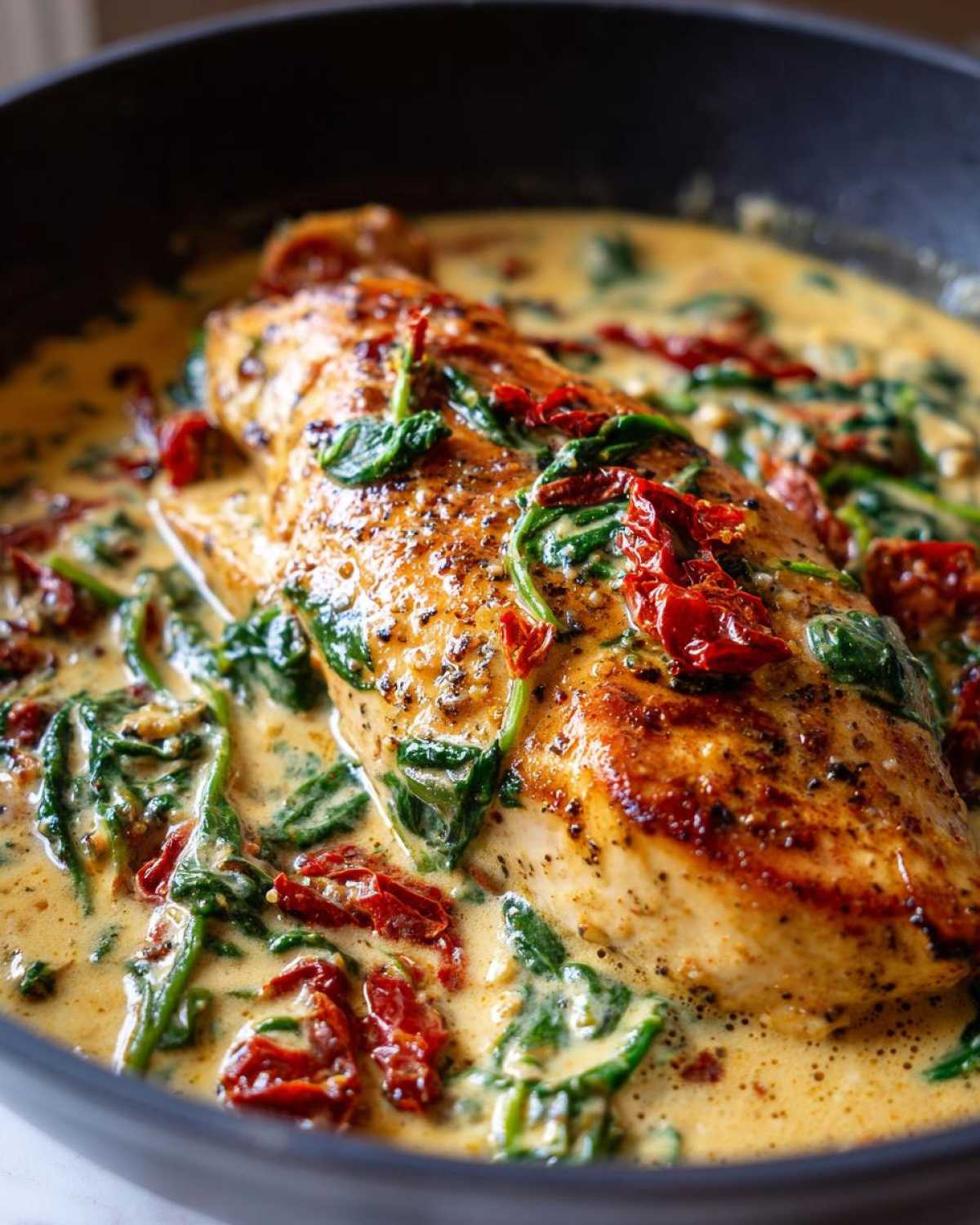 Close-up of a perfectly seared chicken breast simmering in a rich, creamy Tuscan sauce with spinach and sun-dried tomatoes for creamy tuscan chicken.