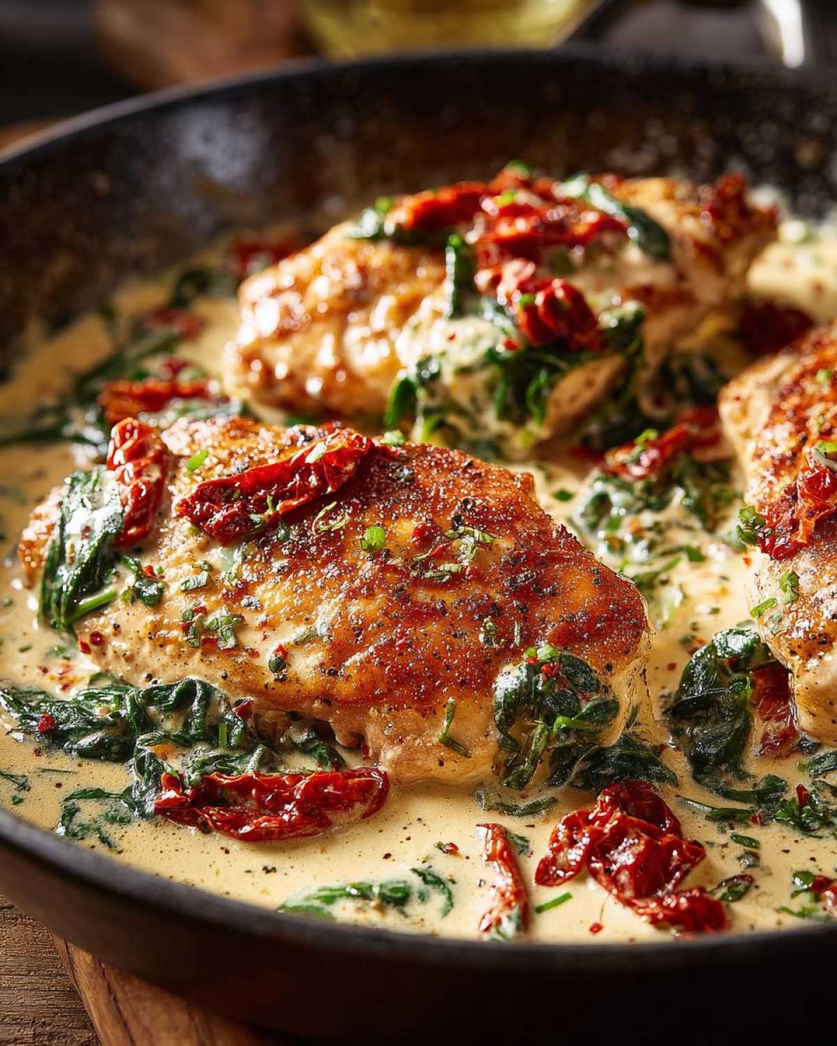 Close-up of golden-brown, pan-seared creamy Tuscan chicken breasts simmering in a rich cream sauce with spinach and sun-dried tomatoes.