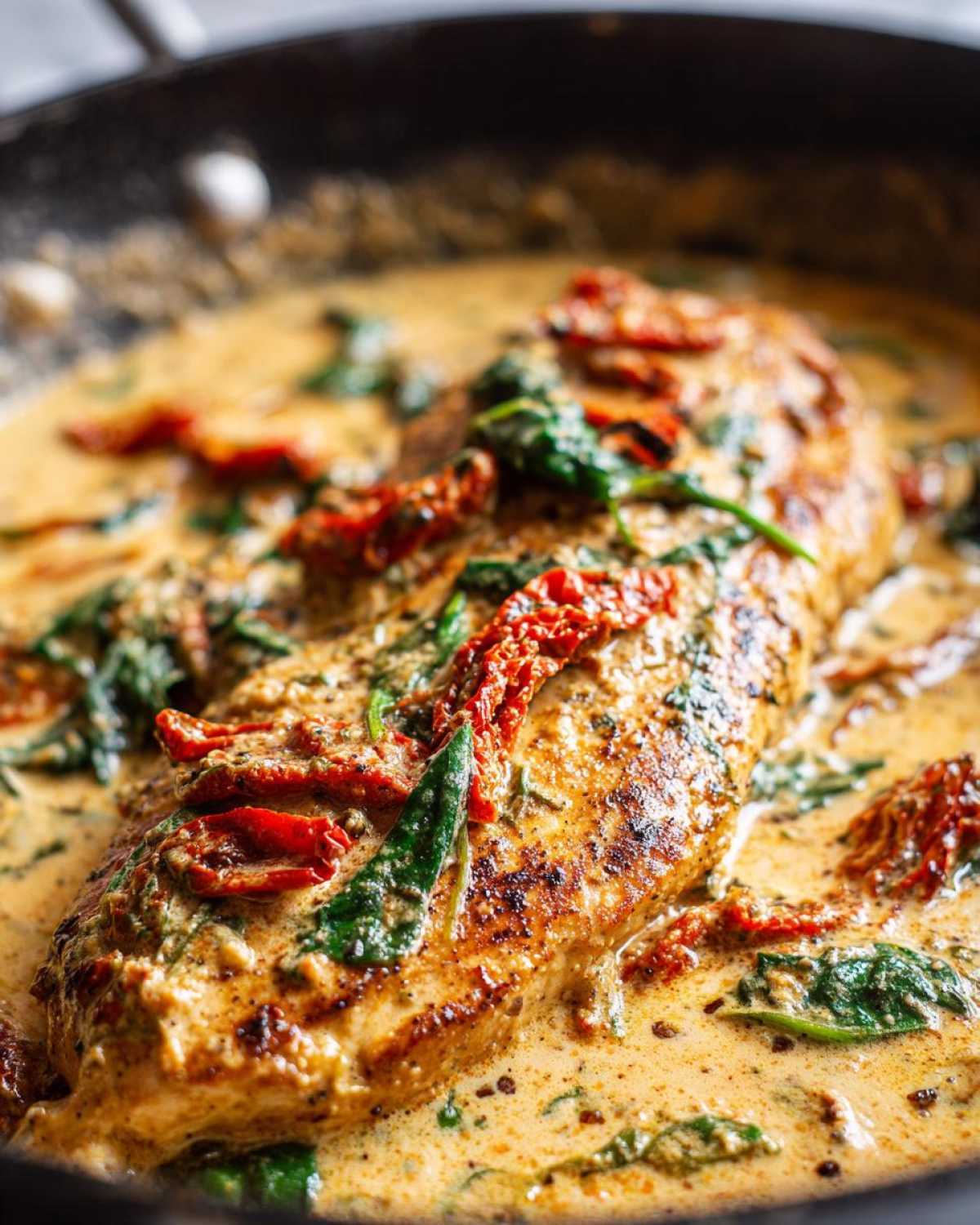 A perfectly seared chicken breast simmering in a rich, creamy Tuscan sauce with spinach and sun-dried tomatoes, featuring creamy tuscan chicken.