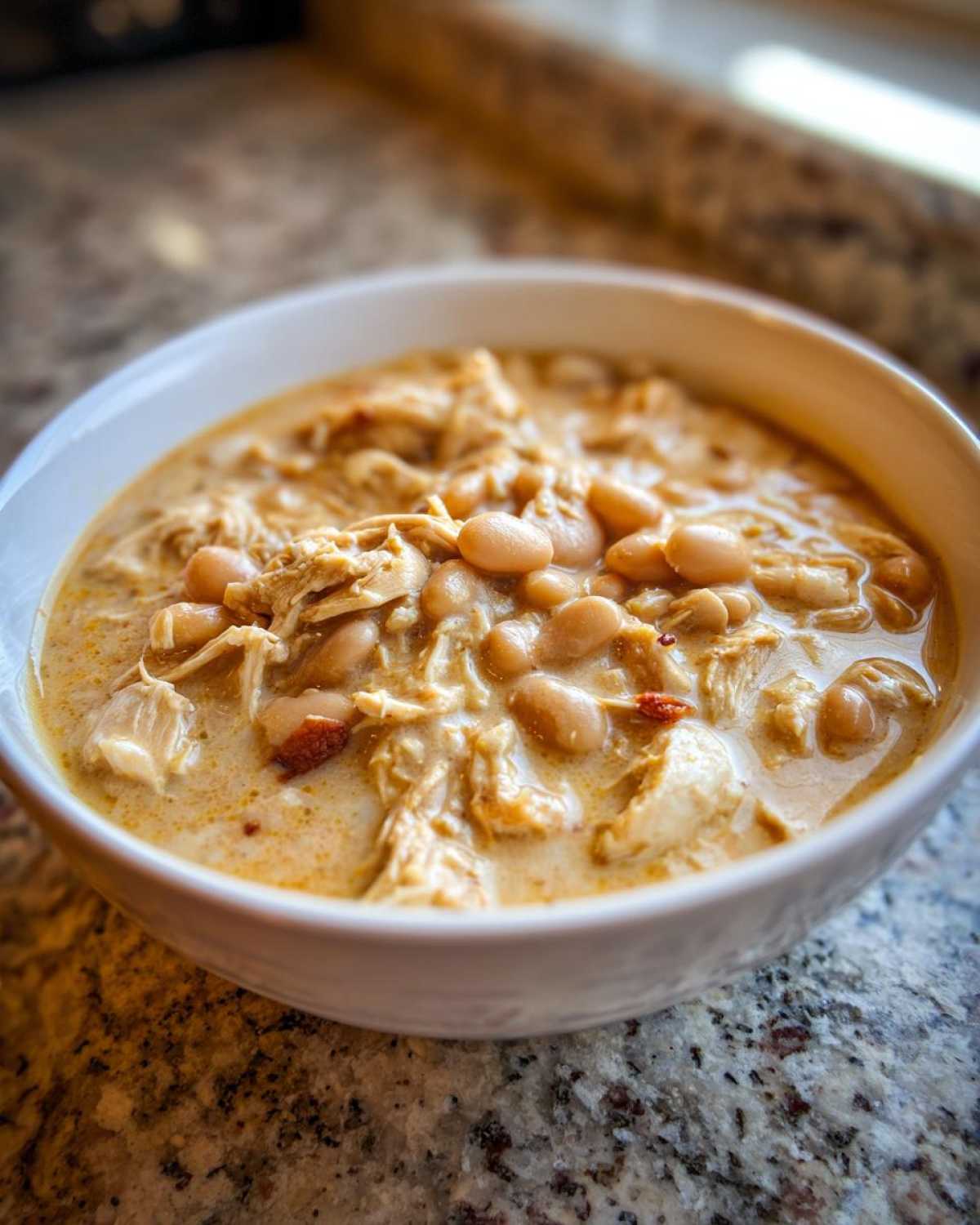 Close-up of a creamy bowl of white chicken chili featuring shredded white chicken and white beans.