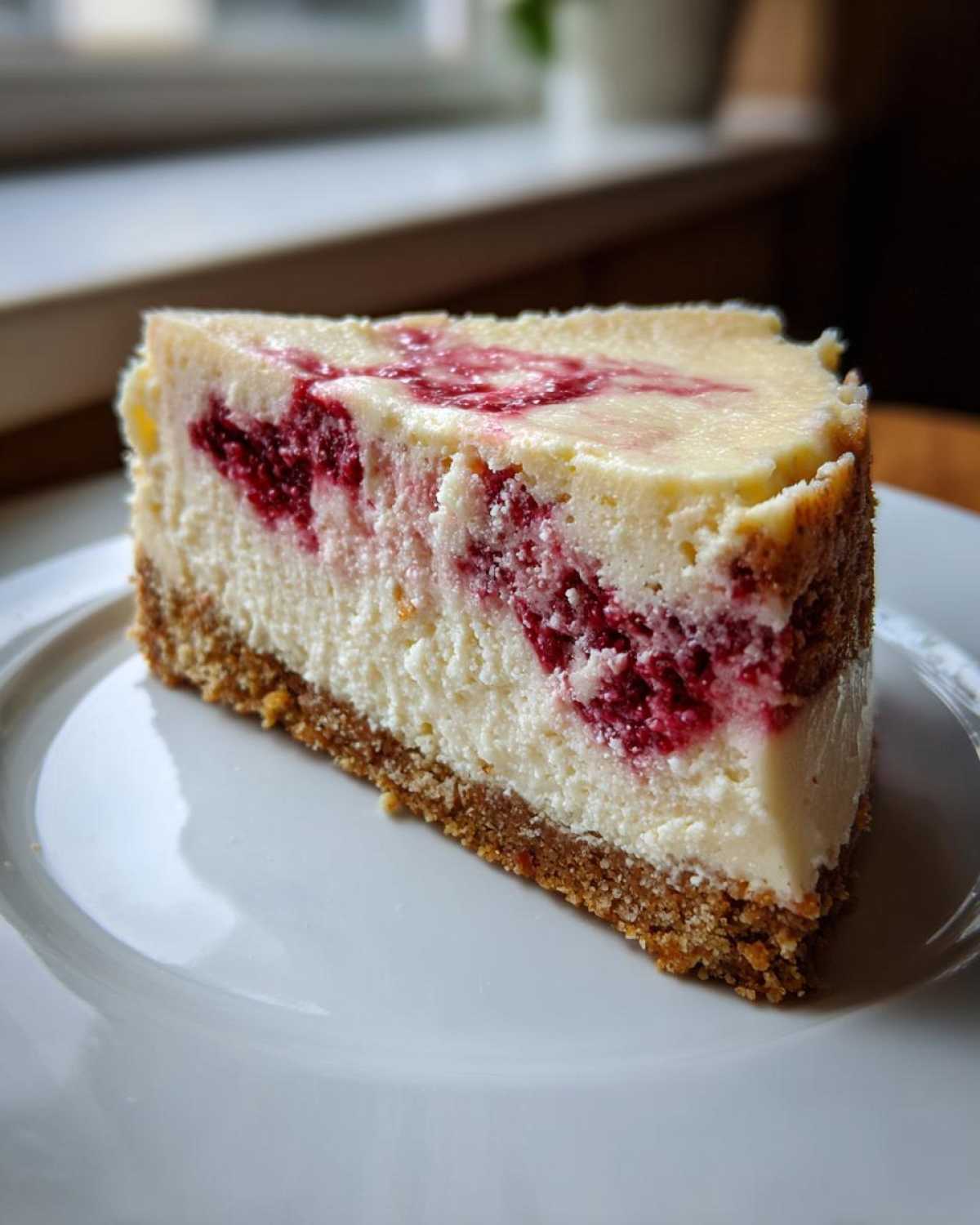 A creamy slice of white chocolate cheesecake featuring a vibrant raspberry swirl, resting on a white plate.