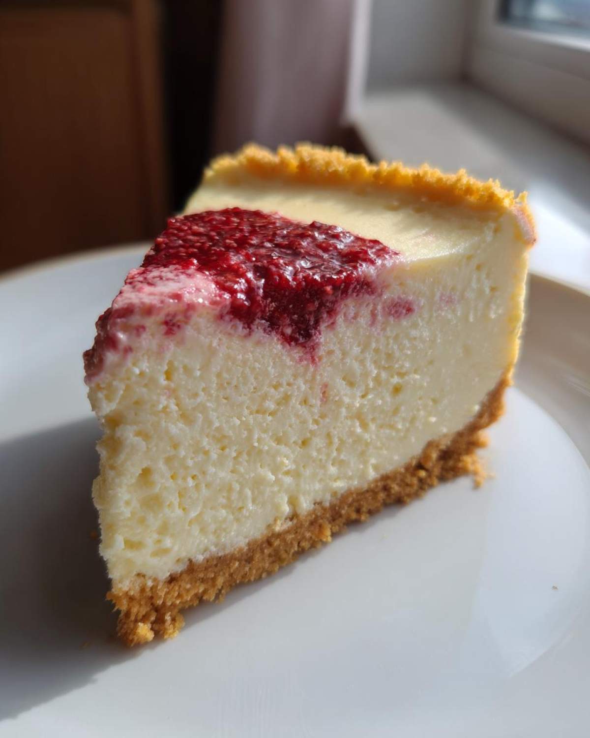 A creamy slice of white chocolate cheesecake topped with a vibrant raspberry swirl, sitting on a white plate.