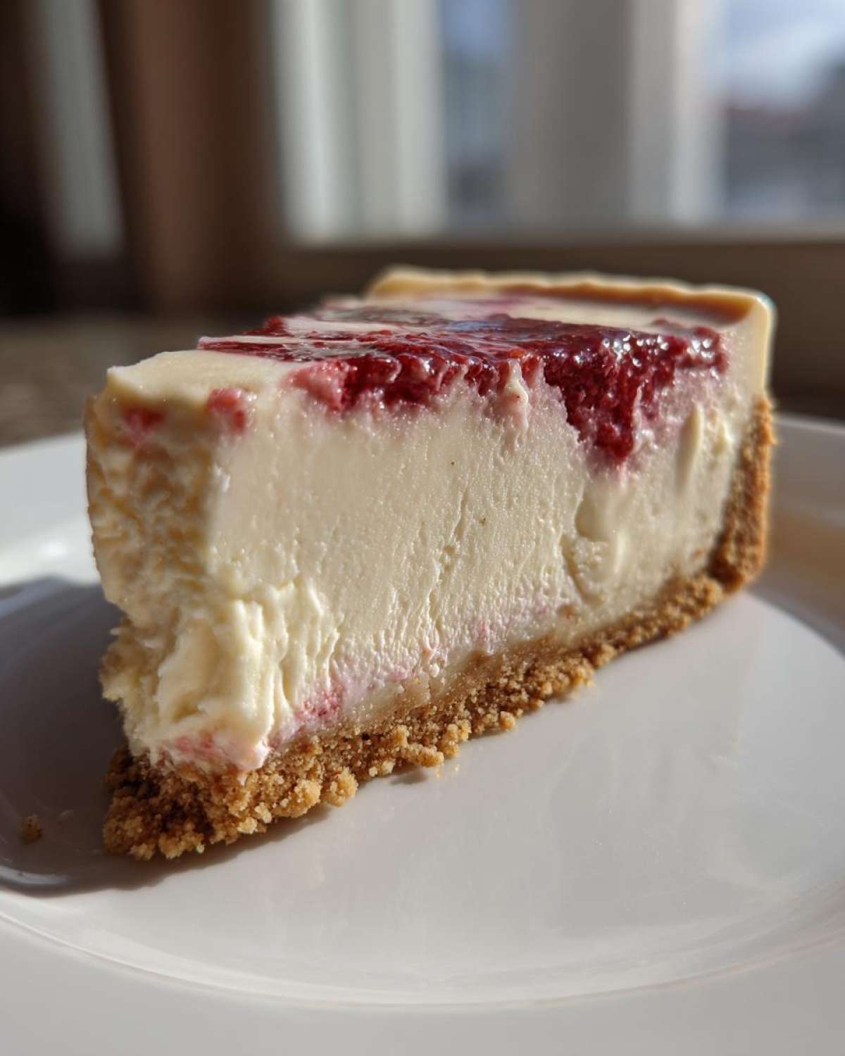 A creamy slice of white chocolate cheesecake with a graham cracker crust and bright raspberry swirl topping.